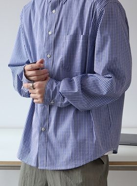 Sigbreak日系复古学院风蓝色格子衬衫百搭宽松通勤长袖衬衣休闲男