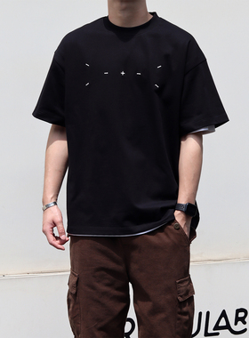 Sigbreak日系夏季cleanfit刺绣黑色T恤复古百搭纯棉宽松潮短袖男