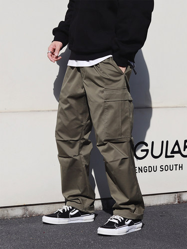 日系工装休闲裤三防口袋双褶宽松