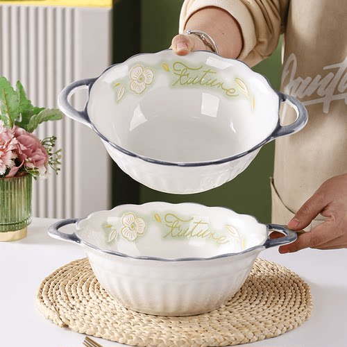 10.5英寸双耳陶瓷家用大号汤碗釉下彩可微波泡面餐具大容量大汤碗