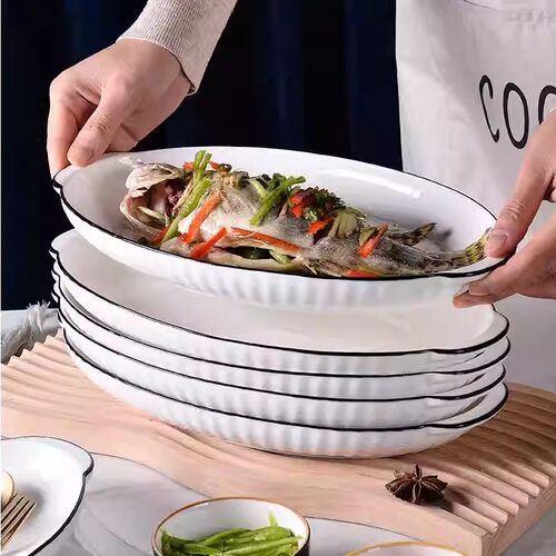 双耳鱼盘家用陶瓷菜盘2026新款日式餐具装鱼碟子椭圆形盘子蒸鱼盘