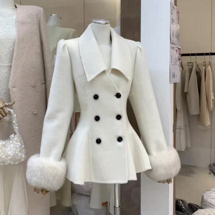 2025秋冬韩国东大门气质名媛高级狐狸毛双面羊毛呢大衣外套短款女