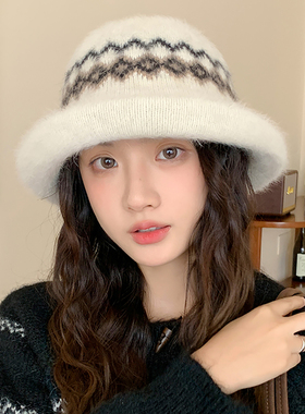 毛绒针织盆帽女秋冬季韩系时尚毛线帽波纹卷边保暖显脸小渔夫帽子