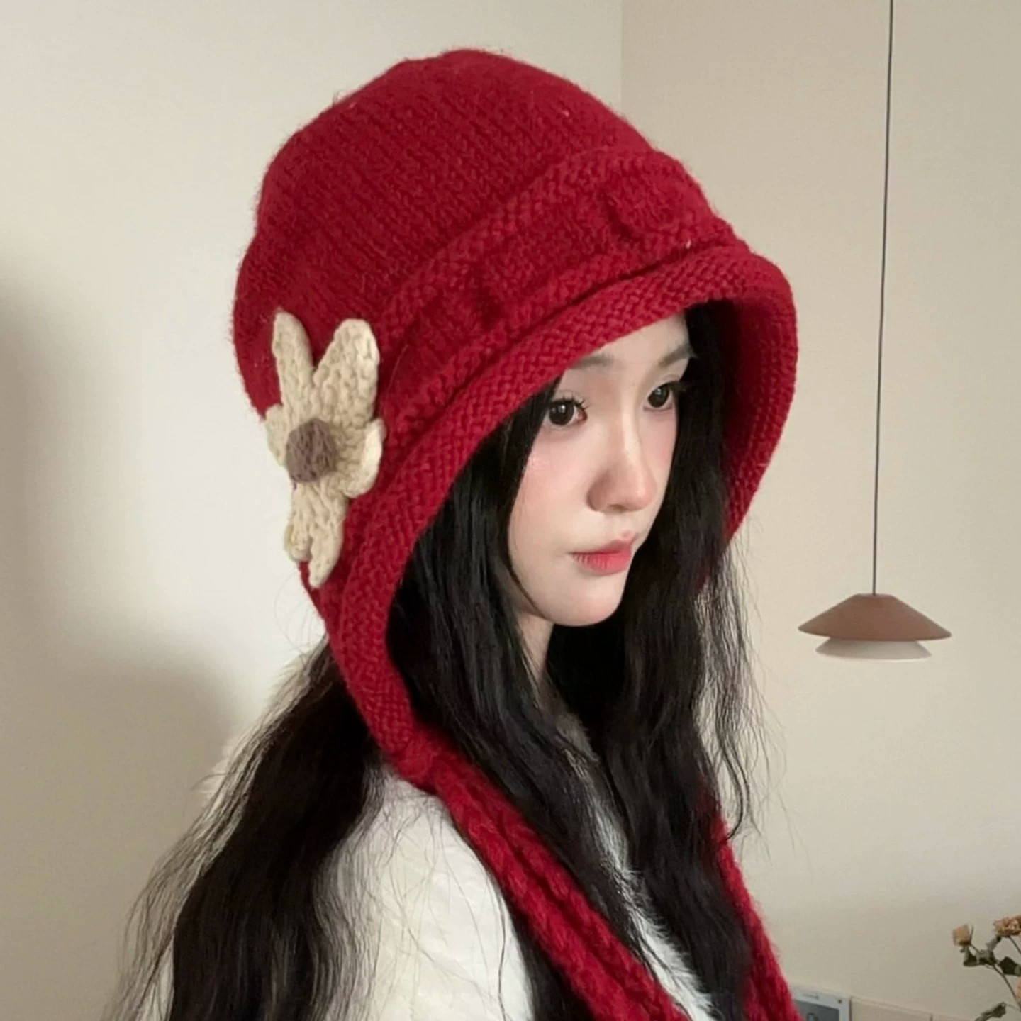 韩系花朵绑带针织帽女秋冬保暖