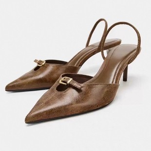 西班牙ZA家女鞋 后空尖头细高跟搭扣装饰女凉鞋棕色时尚穆勒鞋