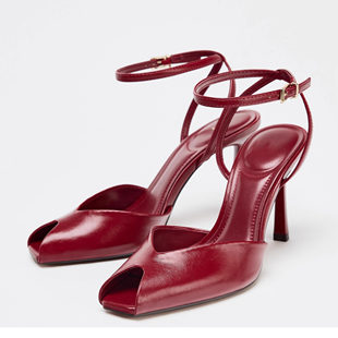 西班牙ZA家 欧美风酒红色细跟鱼嘴凉鞋女一字扣带性感气质高跟鞋