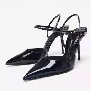 西班牙ZA家女鞋 性感风漆皮尖头一字带高跟凉鞋女细跟露跟女鞋