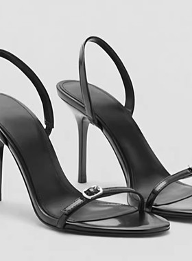 西班牙MNG女鞋 欧美性感风黑色细高跟露趾一字带凉鞋女搭扣时装鞋