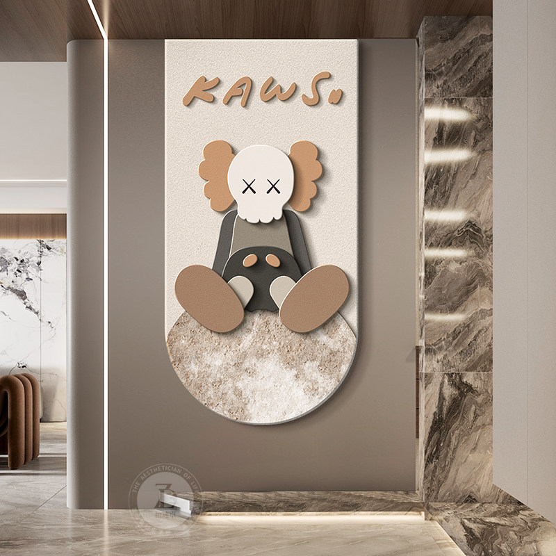 潮流KAWS玄关装饰画LED发光灯画高级感砂岩拱形入户走廊过道挂画