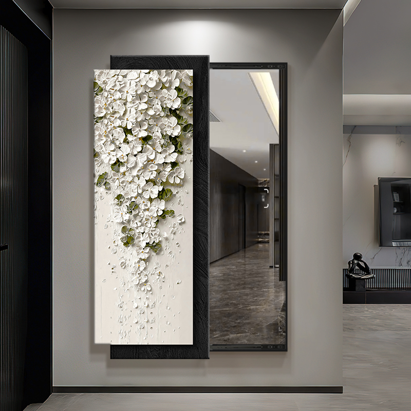 高级感推拉隐藏式全身镜玄关装饰画暗藏式隐形穿衣镜花卉试衣镜画