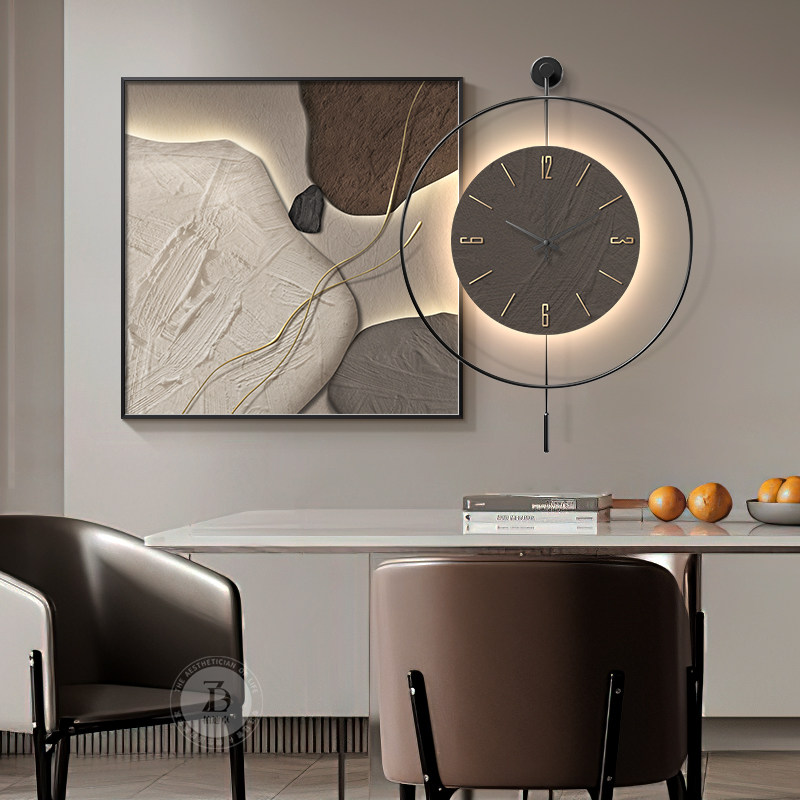 石来运转饭厅装饰画 画带时钟现代轻奢高级感饭厅挂画 画简约餐桌