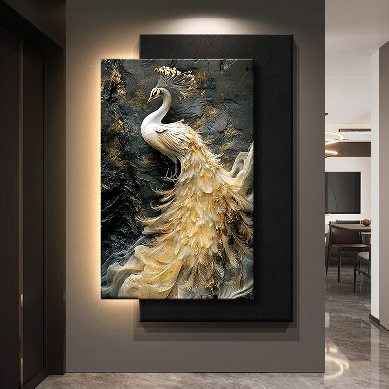 高级感孔雀入户玄关装饰画浮雕立体肌理感走廊过道壁灯画客厅挂画图片