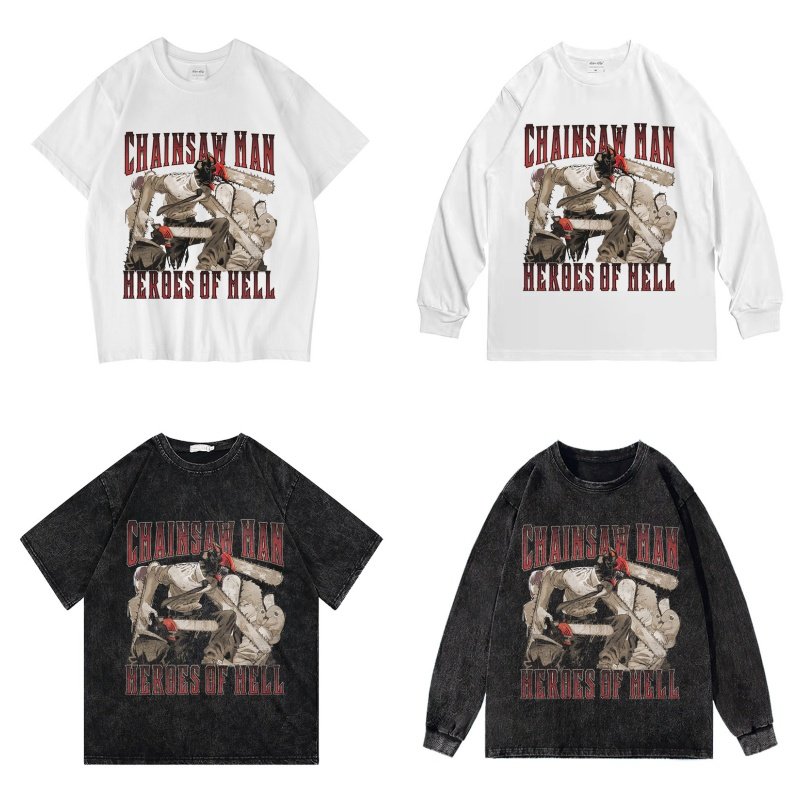 CLFC 动漫电锯人t恤电次复古水洗做旧美式高街短袖tee长袖T恤新款