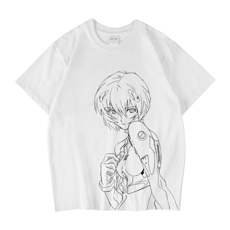 CLFC 动漫EVA 绫波丽 明日香手绘线稿白色t恤日式短袖tee长袖T恤