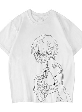 CLFC 动漫EVA 绫波丽 明日香手绘线稿白色t恤日式短袖tee长袖T恤