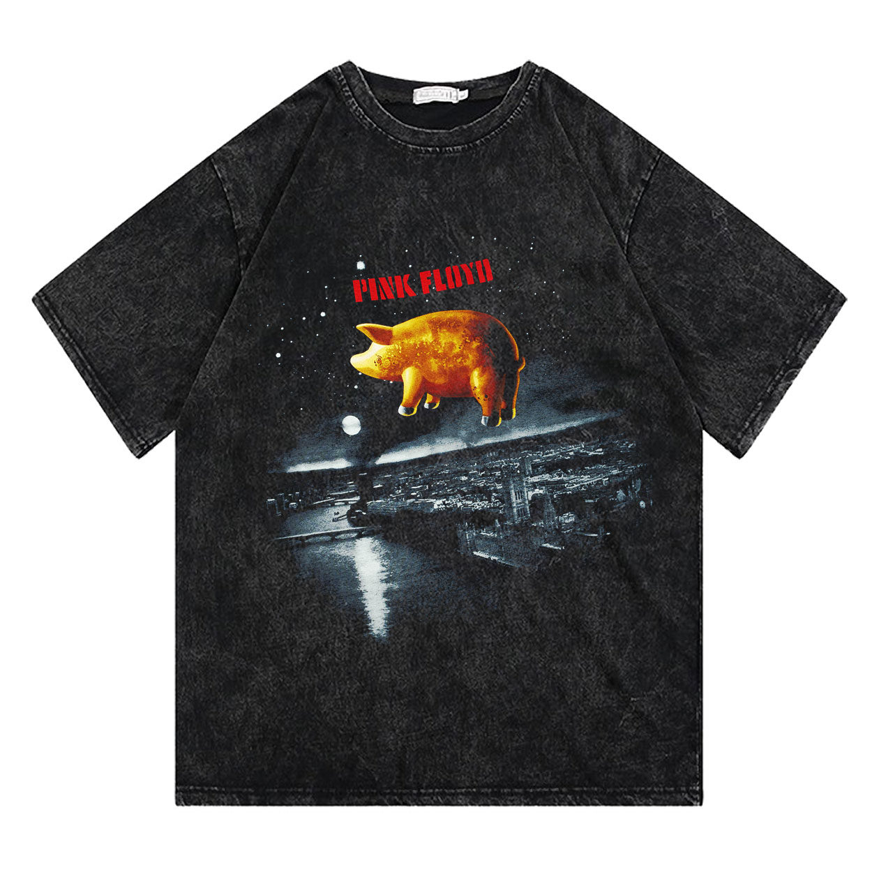 pink floyd乐队平克弗洛伊德飞猪美式小领口t复古短袖t恤宽松做旧