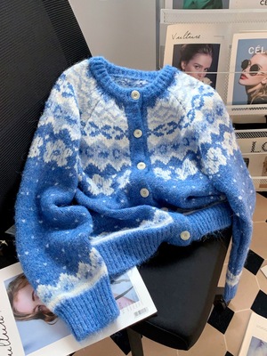 蓝色费尔岛毛衣开衫女秋冬新款法式覆古针织外套加厚慵懒毛衫上衣
