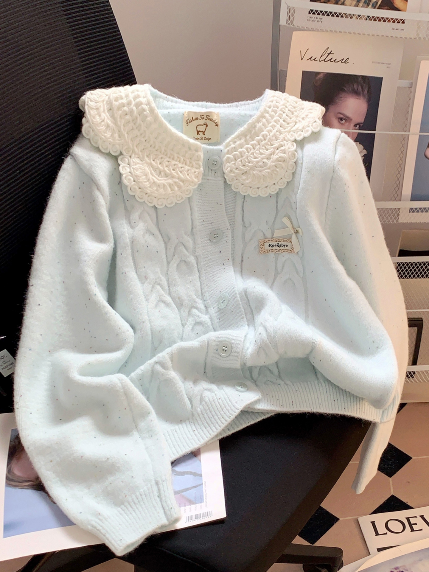 蓝色甜美娃娃领花边针织开衫女学院风日系穿搭毛衣外套奶乖上衣秋