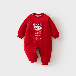 婴儿喜庆风连体衣宝宝夹棉秋冬外出哈衣大红色红包周岁爬服拜年服