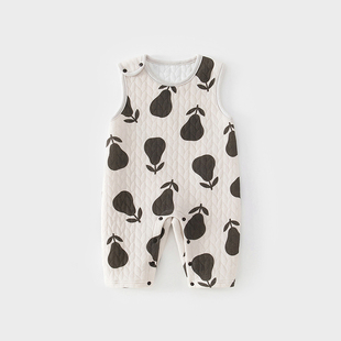 婴儿背带裤三层保暖夹丝绵男女宝宝连体衣无袖家居服婴儿哈衣爬服