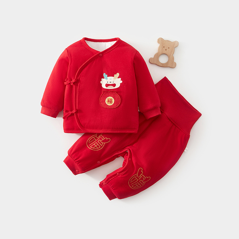 新生儿夹棉红色喜庆哈衣棉裤