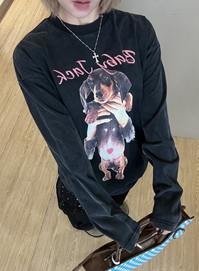 【JACK 克起飞了】美式休闲设计感小领口宽松印花长袖T恤hiphop