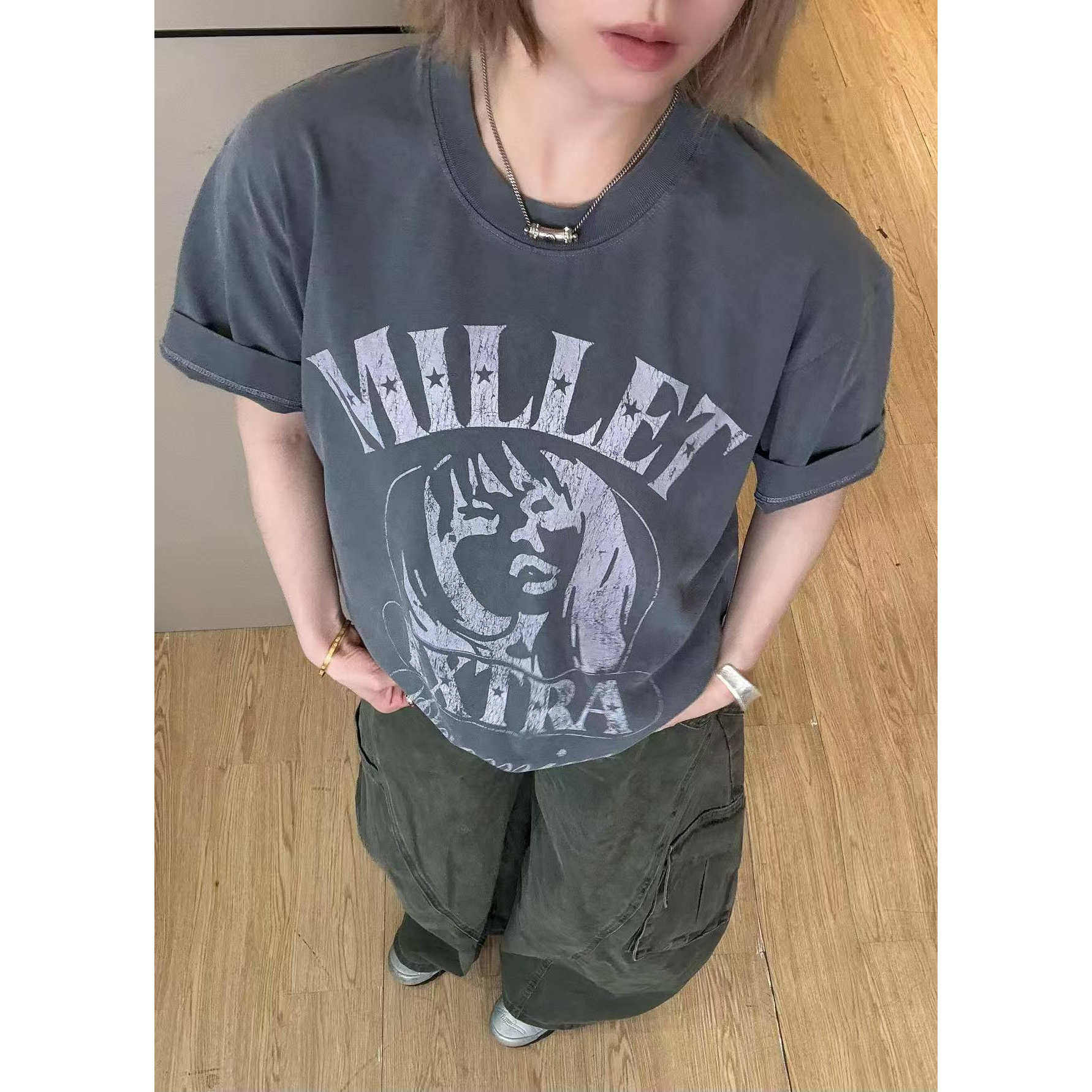 【磨边人像】美式夏T恤复古小众涂鸦英文印花短袖小领口人像街头