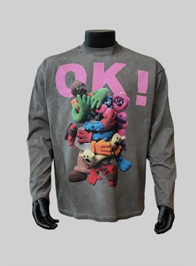 【粘土玩偶】夏季美式休闲设计感小领口宽松印花T恤潮流卡通长袖