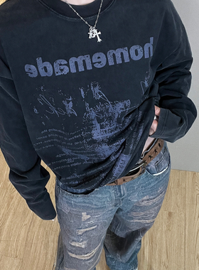 【轰没乐队】美式休闲设计感小领口宽松字母印花长袖T恤hiphop