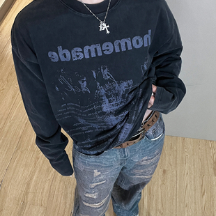 【轰没乐队】美式休闲设计感小领口宽松字母印花长袖T恤hiphop