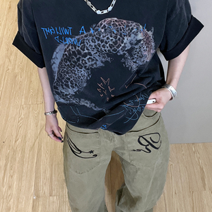 【豹豹涂鸦】美式宽松设计感小领口新款小众T恤短袖夏豹子重磅