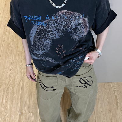 【豹豹涂鸦】美式宽松设计感小领口新款小众T恤短袖夏豹子重磅