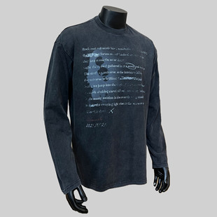 休闲设计感小领口宽松字母印花长袖 美式 T恤潮流 手写情书
