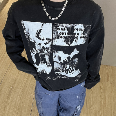 【墨像】美式休闲设计感小领口宽松字母印花长袖T恤hiphop潮牌