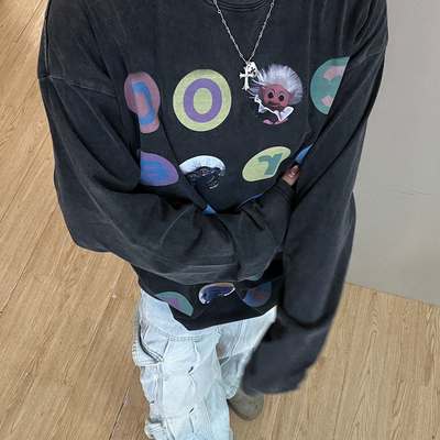 【趣多多对对碰】美式休闲设计感小领口宽松印花长袖T恤hiphop