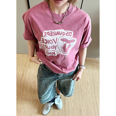 【嘶吼】美式夏T恤复古小众街头唇齿印花短袖小领口宽松设计感