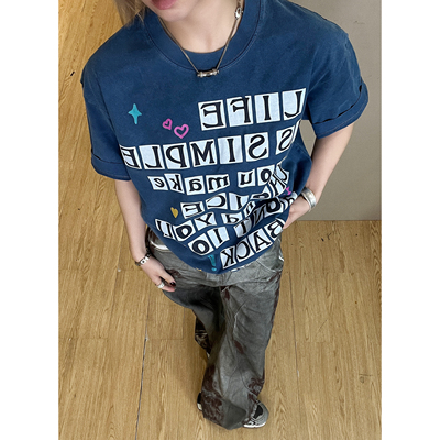 【反转选择】美式夏T恤复古小众街头人像缝合印花短袖小领口宽松