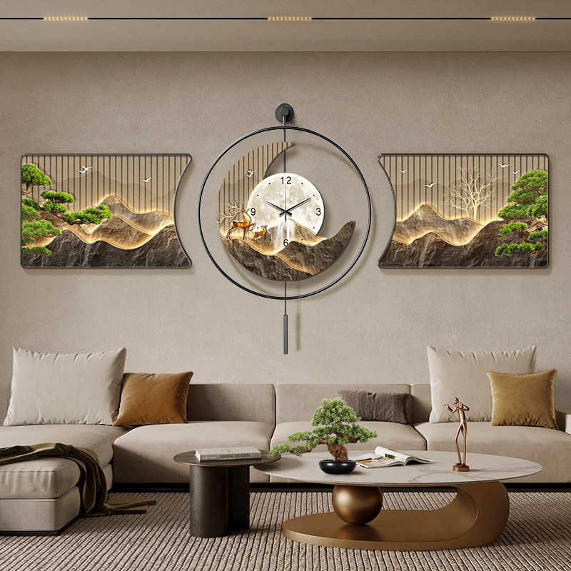 背有靠山客厅装饰画轻奢沙发背景墙壁画高级感钟表挂画福鹿三联画