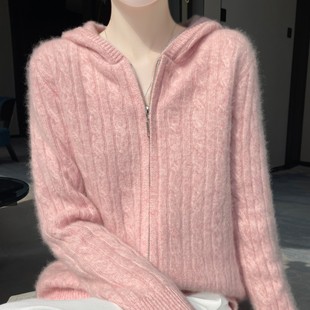 2025秋冬100%纯羊毛针织开衫女连帽加厚扭花拉链帽衫气质宽松外套