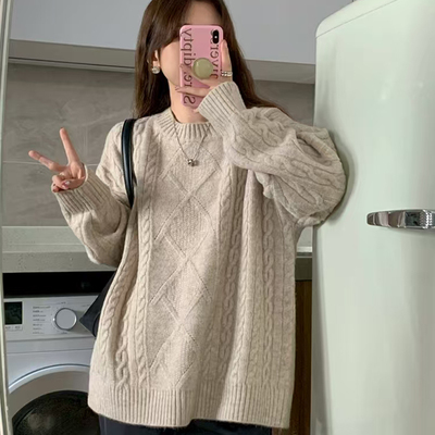 秋冬加厚圆领麻花100%纯羊毛衫