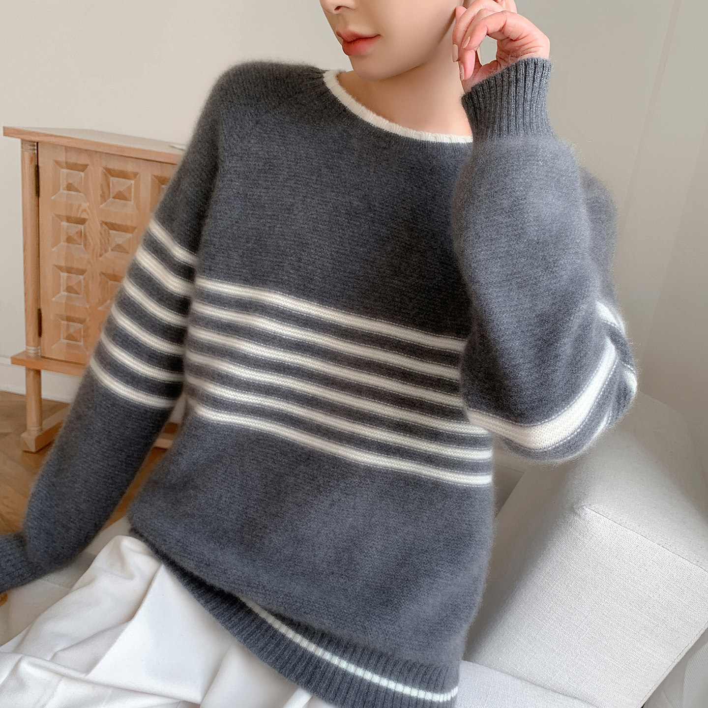 加厚100%羊毛女拼色圆领打底衫