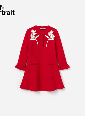 self-portrait 2026早春新款童装正红色花朵装饰长袖针织连衣裙