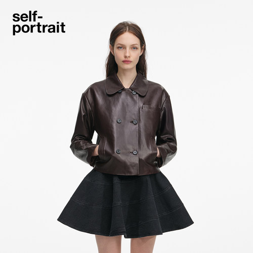 [朱珠同款]self-portrait 2026早春新款深棕色短款绵羊皮皮衣