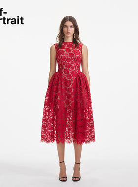 self-portrait 2025春夏正红色收腰气质无袖蕾丝连衣裙中长裙