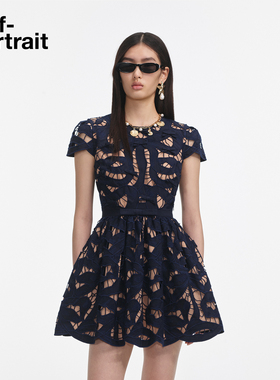 self-portrait 2025早秋新款藏蓝色棉感蕾丝短袖蝴蝶结连衣裙