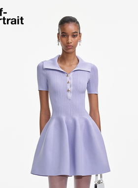self-portrait 2025春夏新款丁香紫色通勤简约翻领短袖针织连衣裙