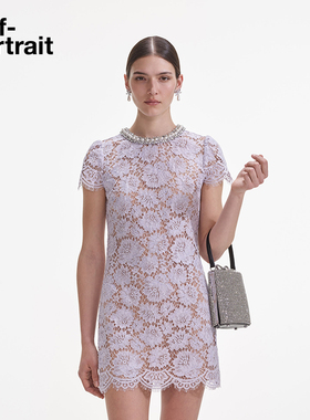 self-portrait 2025春夏丁香紫钉珠钻饰短袖蕾丝连衣裙
