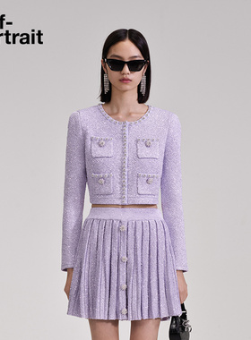 【赵丽颖同款】self-portrait早秋小香风紫色钻饰针织短外套