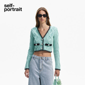 self portrait 早春薄荷绿螺纹V领钻扣蝴蝶结饰边针织上衣