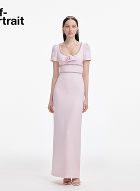 self-portrait 2025早秋新款粉红色法式圆领蝴蝶结礼服连衣裙长裙